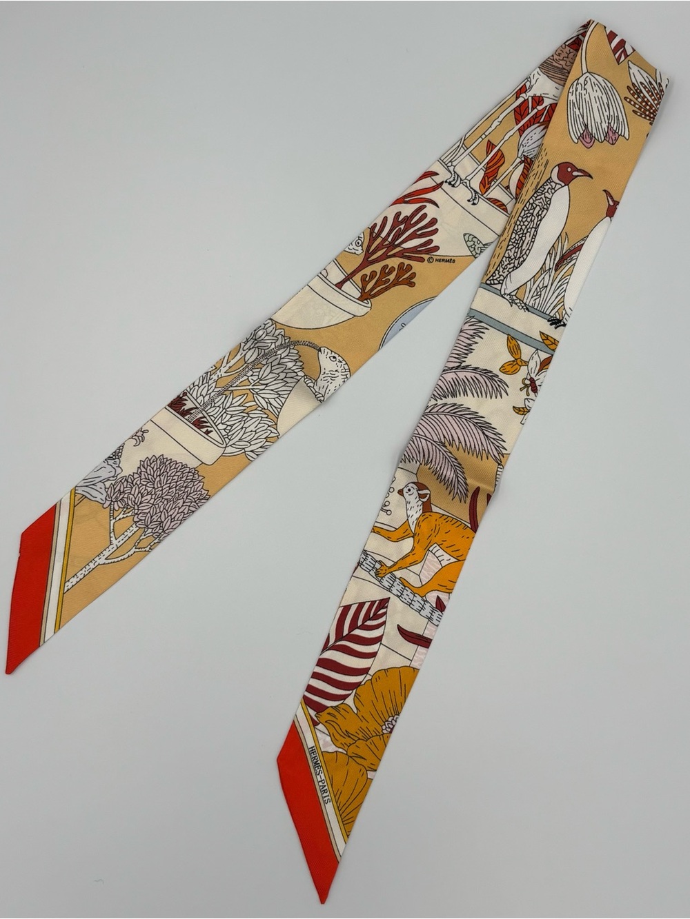 Hermes Twilly Scarf Gold Cream Red Exotic Garden Monkey Bird Floral Print